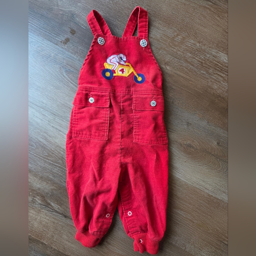 Vintage 80s Healthtex Red Motorcycle Patch Corduroy Baby Overalls Boys Size 2T - Picture 2 of 10